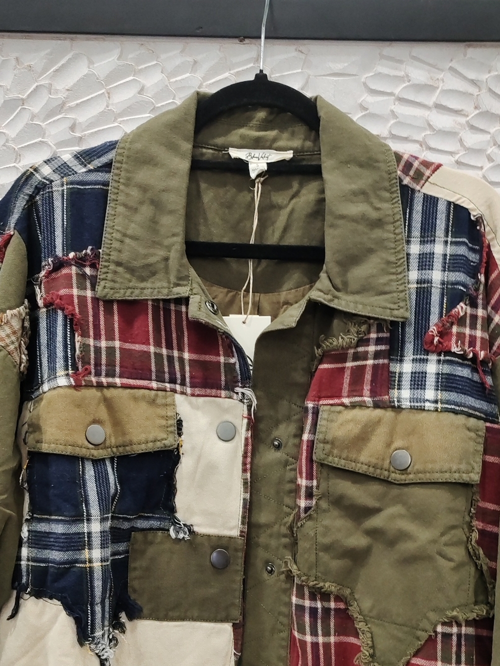 Patchwork Plaid Distressed Star Utility Jacket - Olive - Picture 4 of 10